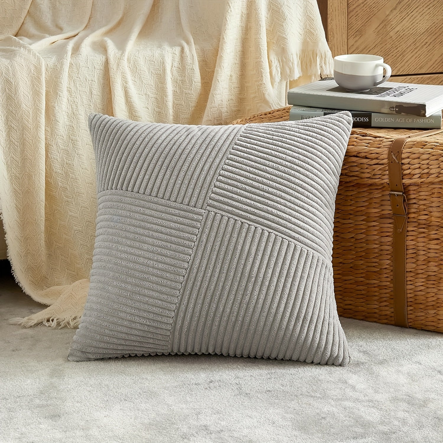 4pcs Neutral Taupe Boho Decorative Throw Pillow Covers 18x18 Inch for Couch Sofa Bed, Soft Corduroy Striped Patchwork Windmill Textured Square Cushion Covers Spring Seasonal Home Decor