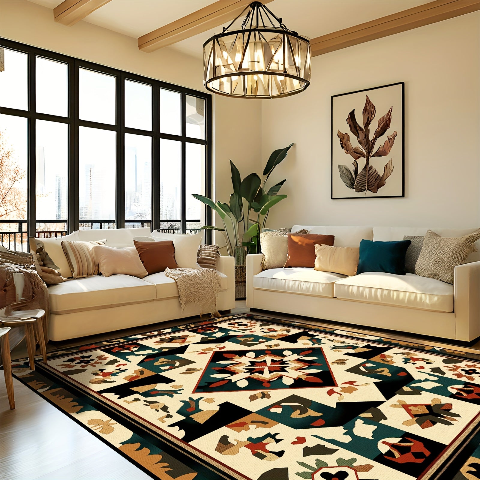 Large Vintage Persian Boho Moroccan Rug - Beige\u002F Machine-Washable Lightweight Foldable Indoor, Large Rectangle Mat for Bedroom, Living Room, Bohemian Decor ()