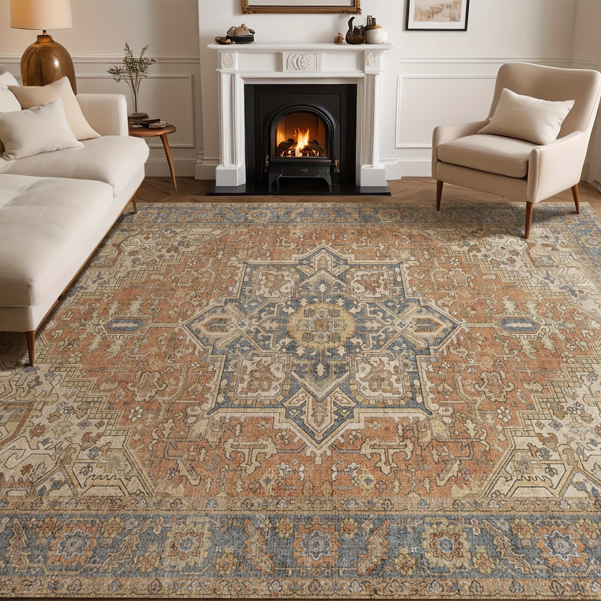 1pc of Terracotta Oriental Area Rug, Featuring a Low Pile, Soft Texture, Non-Shedding And Non-Slip Properties, Washable, And Designed in a Vintage Russet Style Suitable for Bedrooms, Living Rooms, Kitchens, Dining Areas, And Home Decoration