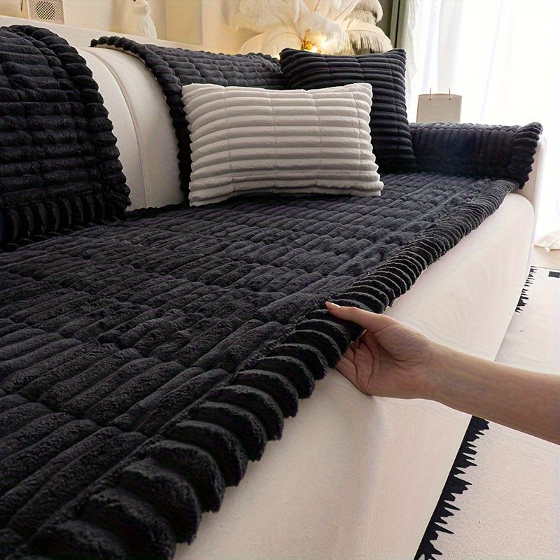 1pc Bohemian Plush Sofa Cushion Suitable for All Sofa Types, Thickened Pet-Friendly Cushion Cover with Ruffled Edges, Machine Washable Non-Slip Cover Fits for Single\u002FDouble\u002FTriple\u002FQuad Sofas, Quilted for