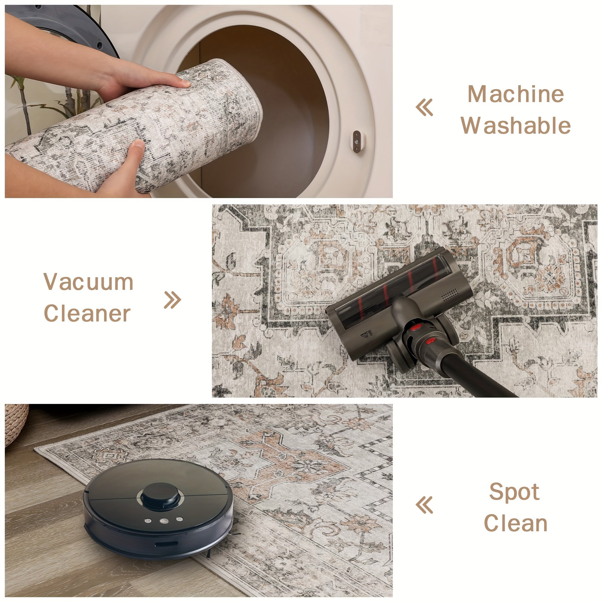 Living Room Area Carpets, Vintage Retro Designs That Are Machine Washable And Non-Slip, Lightweight Chenille Print Rugs Suitable for Bedrooms, Dining Areas, And Home Offices, in a Light Taupe Brown Color