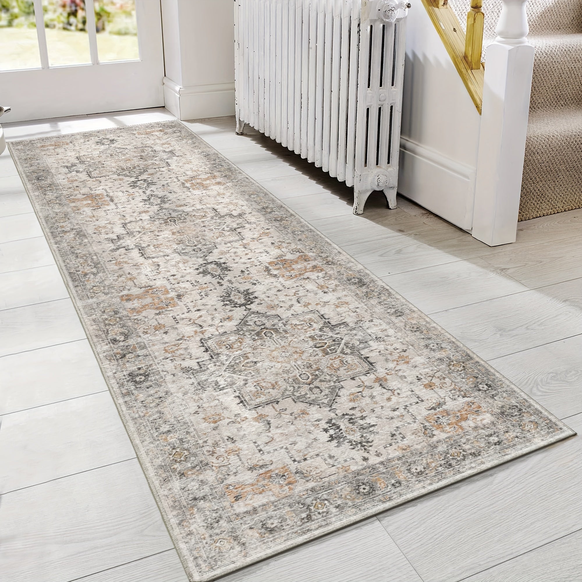 Living Room Area Carpets, Vintage Retro Designs That Are Machine Washable And Non-Slip, Lightweight Chenille Print Rugs Suitable for Bedrooms, Dining Areas, And Home Offices, in a Light Taupe Brown Color