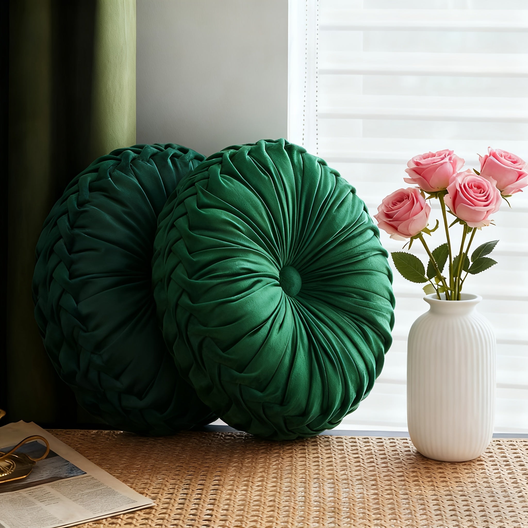 2pcs Decorative Round Pleated Pillow Elegant Accent Pumpkin Pillow with Center Button Vintage Velvet Floor Pillow for Sofa Vanity Chair Bed Olive Diameter 14. 5 Inches Approximately 36. 8Cm (Ripples), Living Room Decor, Home Decoration