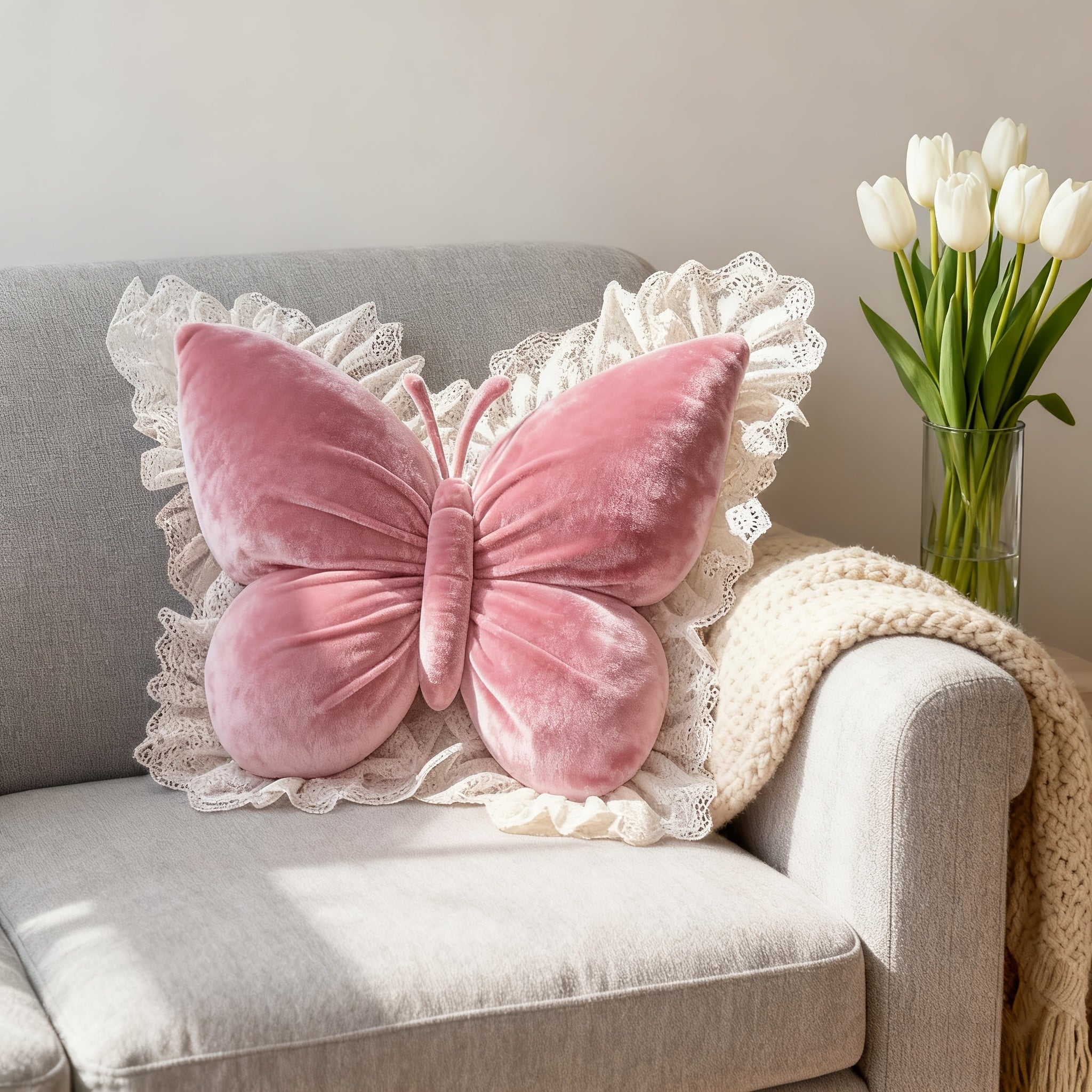 Butterfly-Shaped Decorative Pillow Home Decor Cushion With White Lace Trim Luxurious Velour Fabric& Fill Lumbar Support Cushion For Sofas, Beds, Cars, Offices-Perfect Gift For Women, Housewarming, Christmas, Valentine'S Day Machine Washable