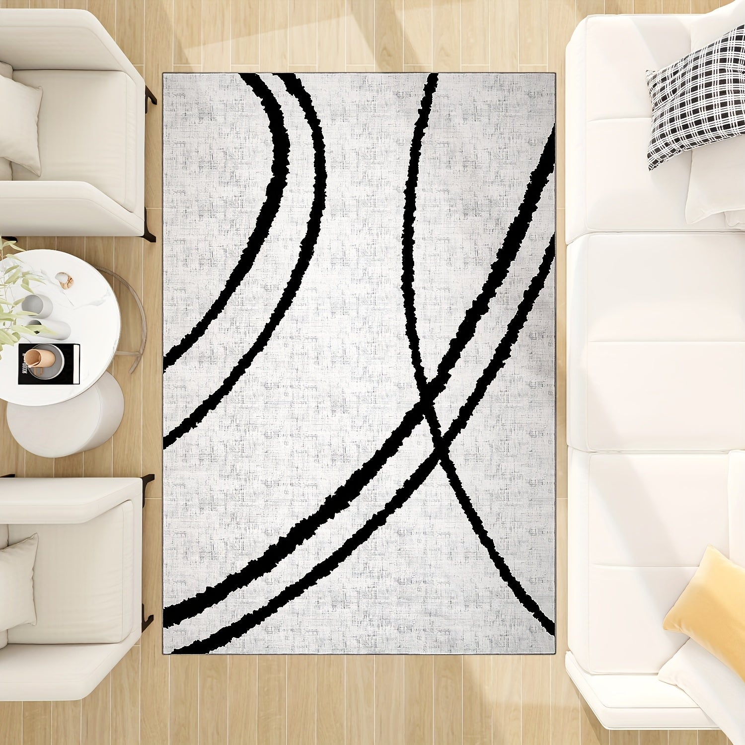 A Black And White Curved Area Rug with A Rectangular Line Pattern In A Minimalist Style, Machine Washable, Slip-resistant, And Colorfast, Suitable for Home Decoration And Bedroom Room Decoration.