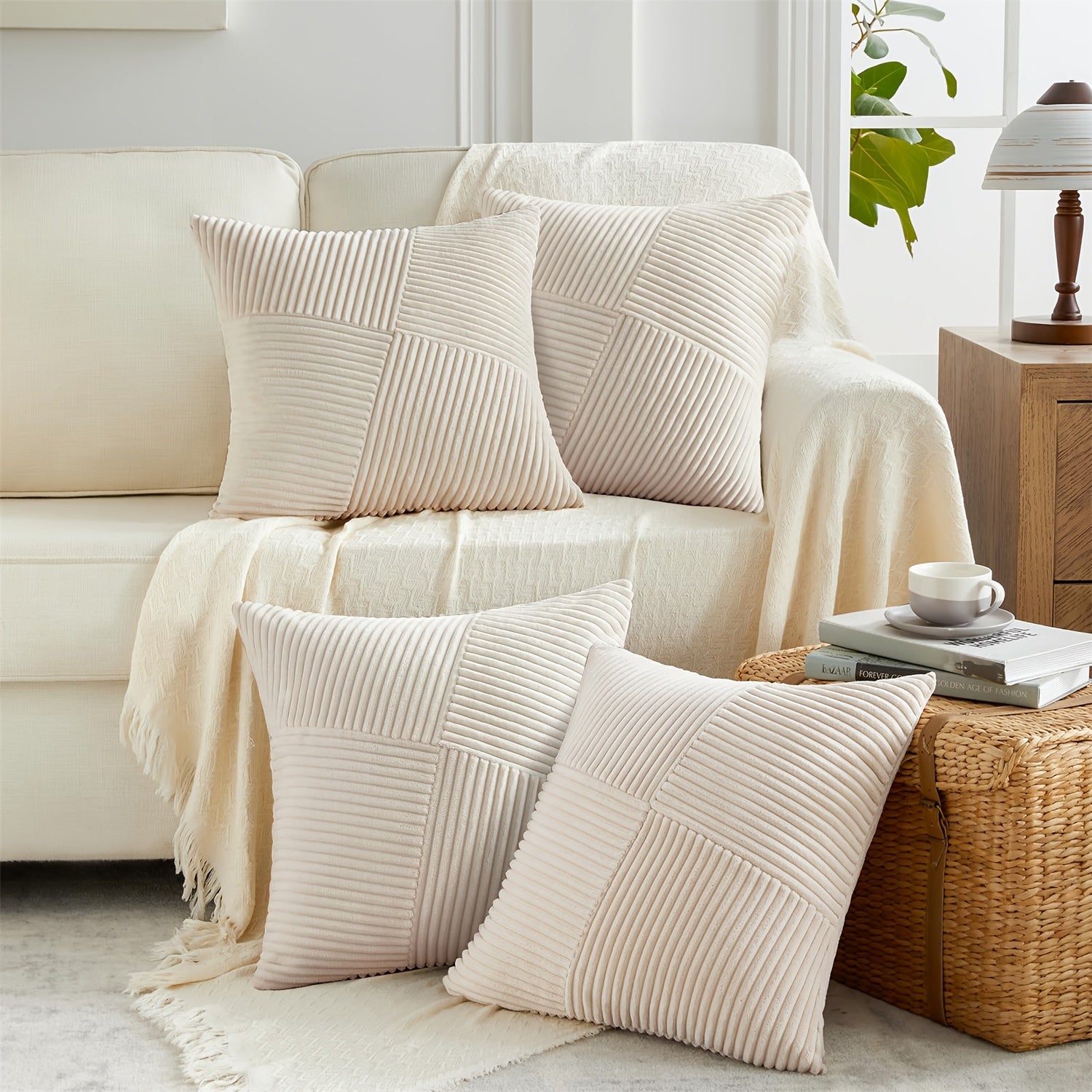 4pcs Neutral Taupe Boho Decorative Throw Pillow Covers 18x18 Inch for Couch Sofa Bed, Soft Corduroy Striped Patchwork Windmill Textured Square Cushion Covers Spring Seasonal Home Decor