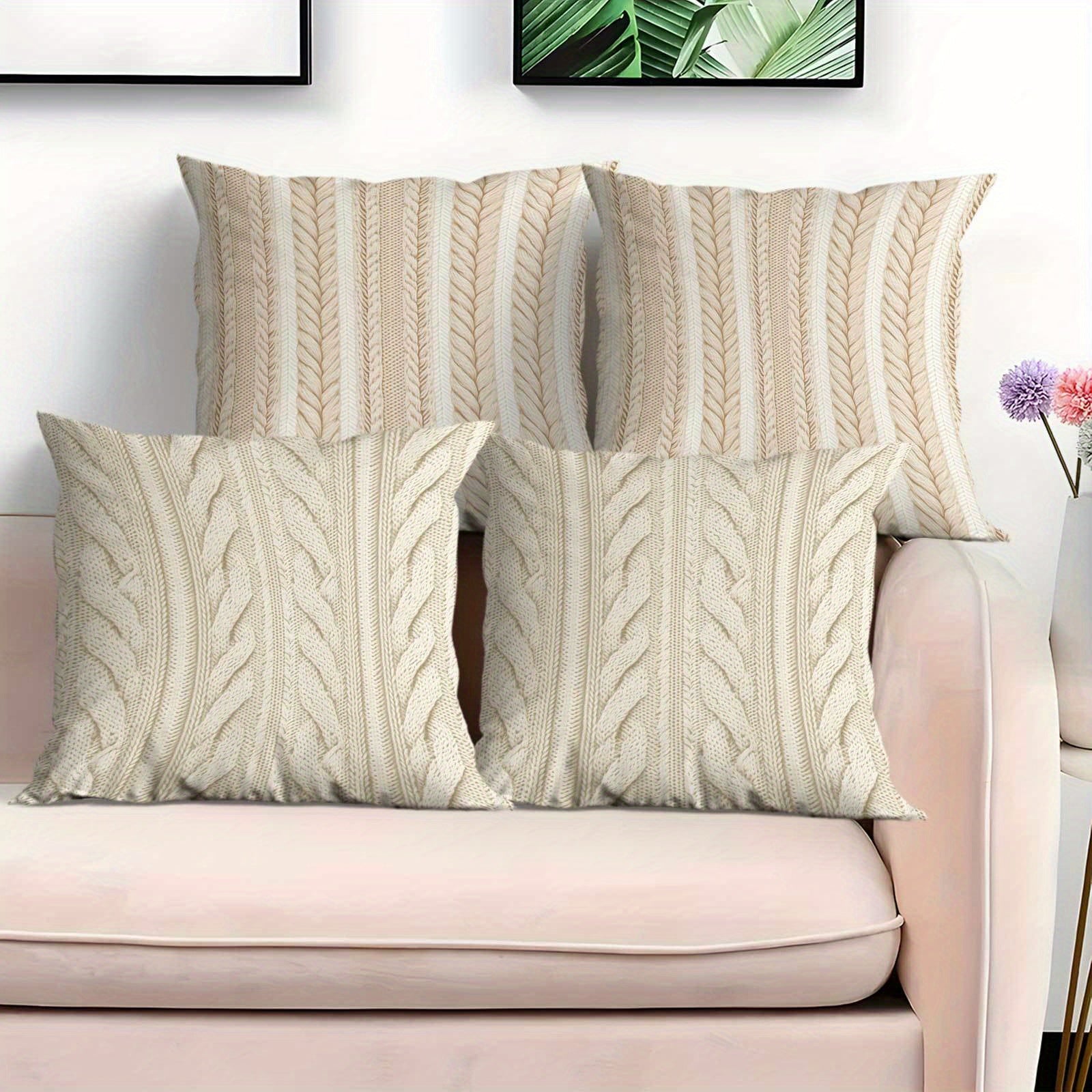 4pcs Beige Vertical Striped Printed Flannel Cushions - Soft, Washable, Zipper Closure, 14x14, 16x16, 18x18, 20x20 Inch - Perfect for Living Room, Bedroom, Office, Car