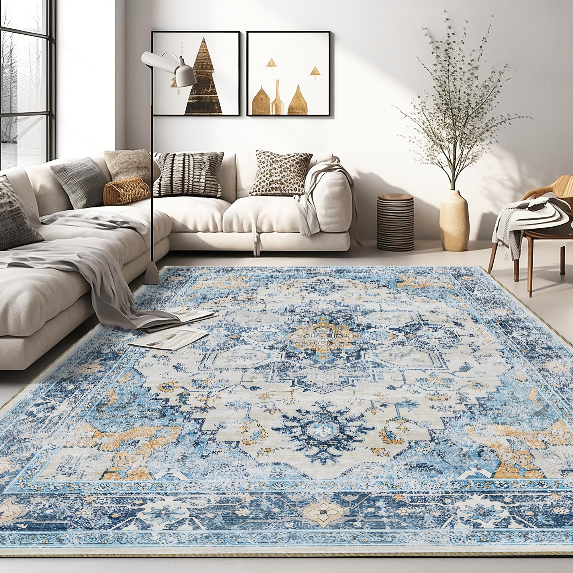 1pc Modern Moroccan Boho Rug - Neutral Blue & Brown Low-Pile Carpet Suitable for Living Room, Bedroom, Office - Machine Washable Soft Indoor Boho with Neutral Tones