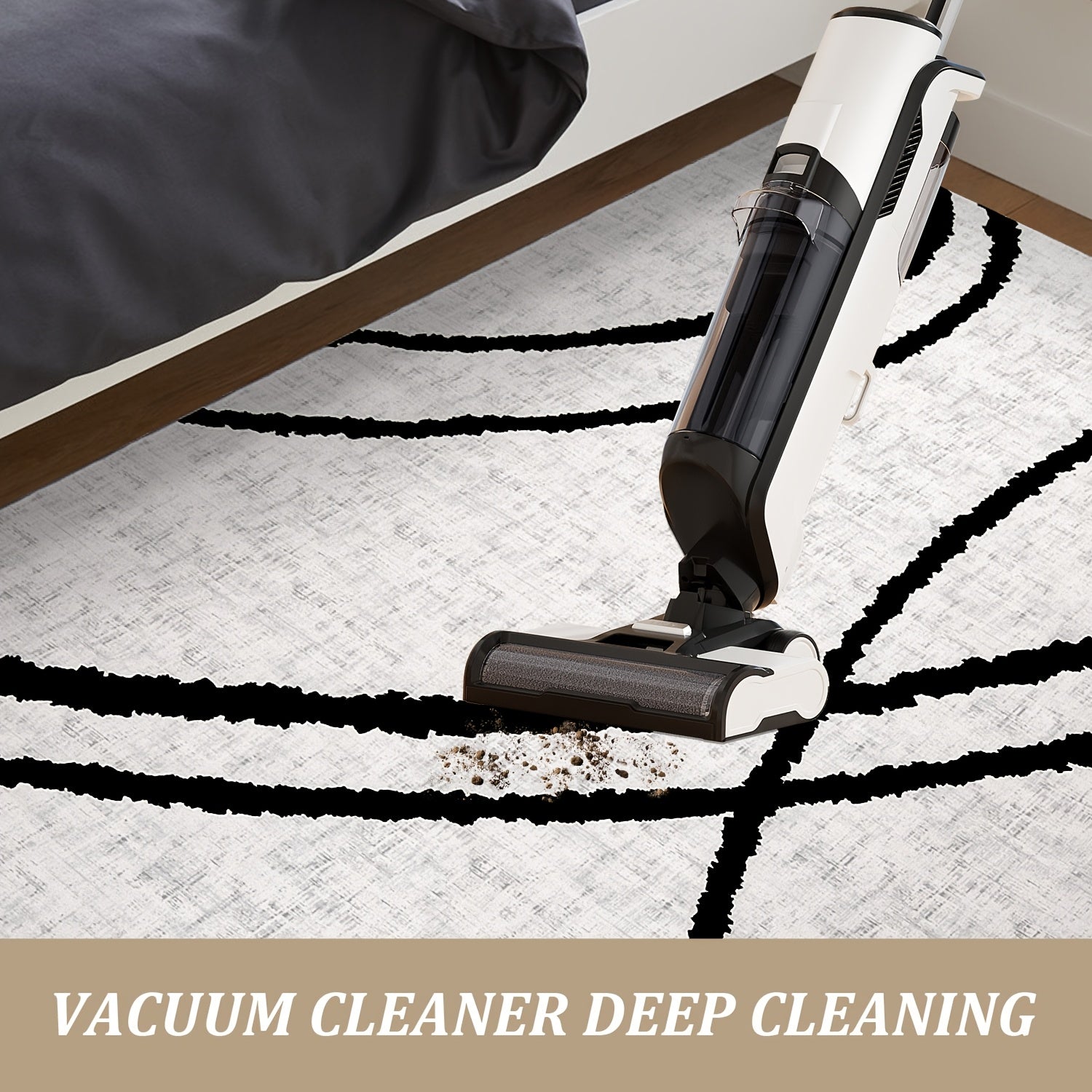 A Black And White Curved Area Rug with A Rectangular Line Pattern In A Minimalist Style, Machine Washable, Slip-resistant, And Colorfast, Suitable for Home Decoration And Bedroom Room Decoration.