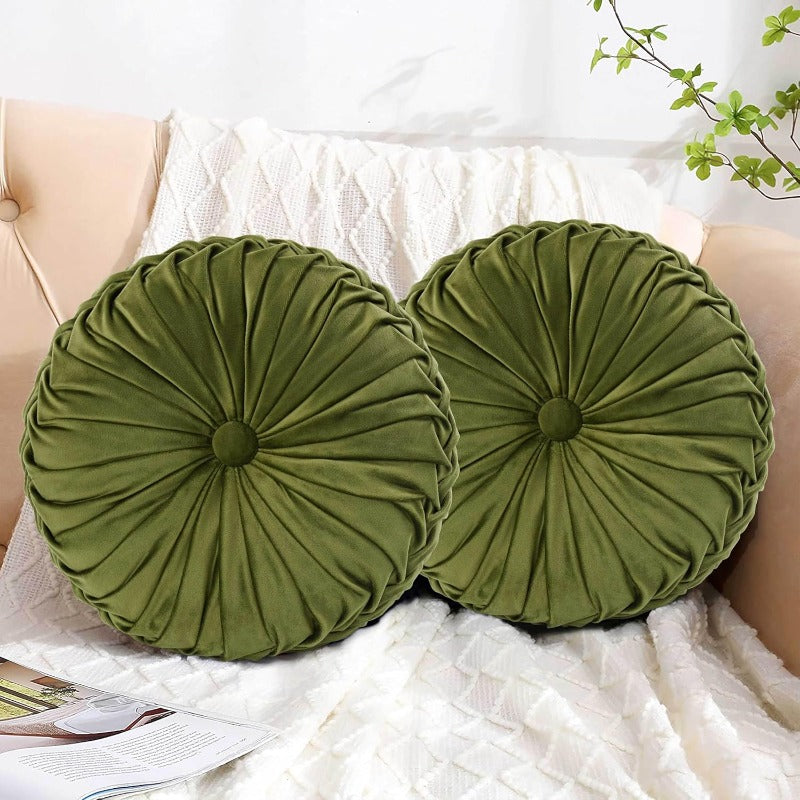 2pcs Decorative Round Pleated Pillow Elegant Accent Pumpkin Pillow with Center Button Vintage Velvet Floor Pillow for Sofa Vanity Chair Bed Olive Diameter 14. 5 Inches Approximately 36. 8Cm (Ripples), Living Room Decor, Home Decoration