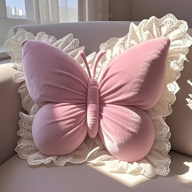 Butterfly-Shaped Decorative Pillow Home Decor Cushion With White Lace Trim Luxurious Velour Fabric& Fill Lumbar Support Cushion For Sofas, Beds, Cars, Offices-Perfect Gift For Women, Housewarming, Christmas, Valentine'S Day Machine Washable