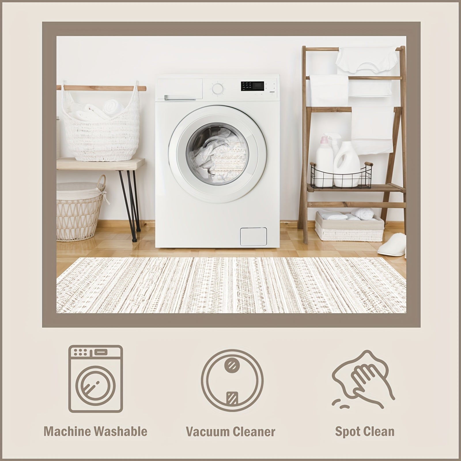 1pc Modern Moroccan Boho Rug - Neutral Blue & Brown Low-Pile Carpet Suitable for Living Room, Bedroom, Office - Machine Washable Soft Indoor Boho with Neutral Tones