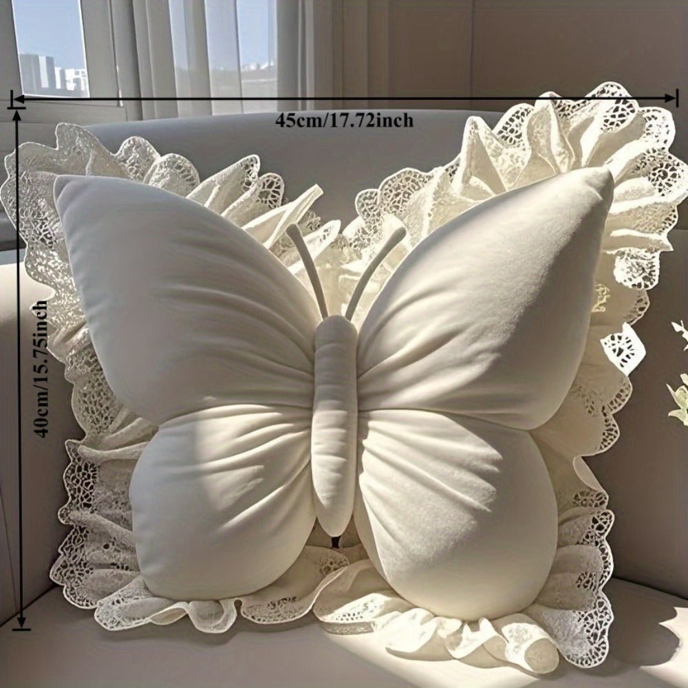 Butterfly-Shaped Decorative Pillow Home Decor Cushion With White Lace Trim Luxurious Velour Fabric& Fill Lumbar Support Cushion For Sofas, Beds, Cars, Offices-Perfect Gift For Women, Housewarming, Christmas, Valentine'S Day Machine Washable