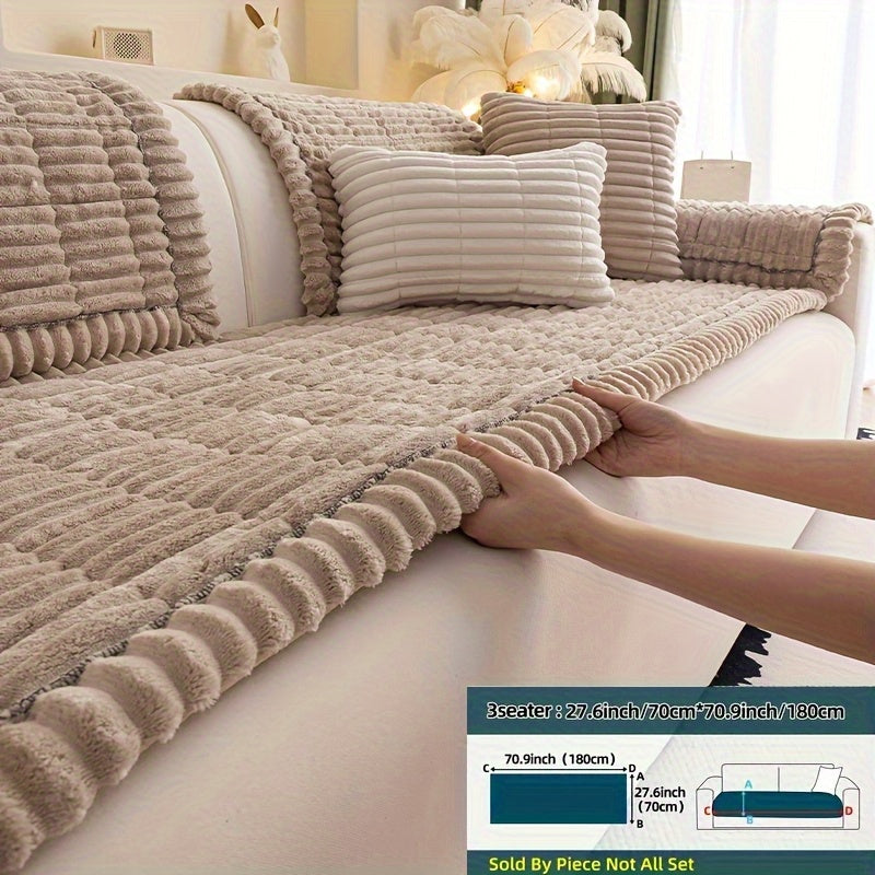 1pc Bohemian Plush Sofa Cushion Suitable for All Sofa Types, Thickened Pet-Friendly Cushion Cover with Ruffled Edges, Machine Washable Non-Slip Cover Fits for Single\u002FDouble\u002FTriple\u002FQuad Sofas, Quilted for