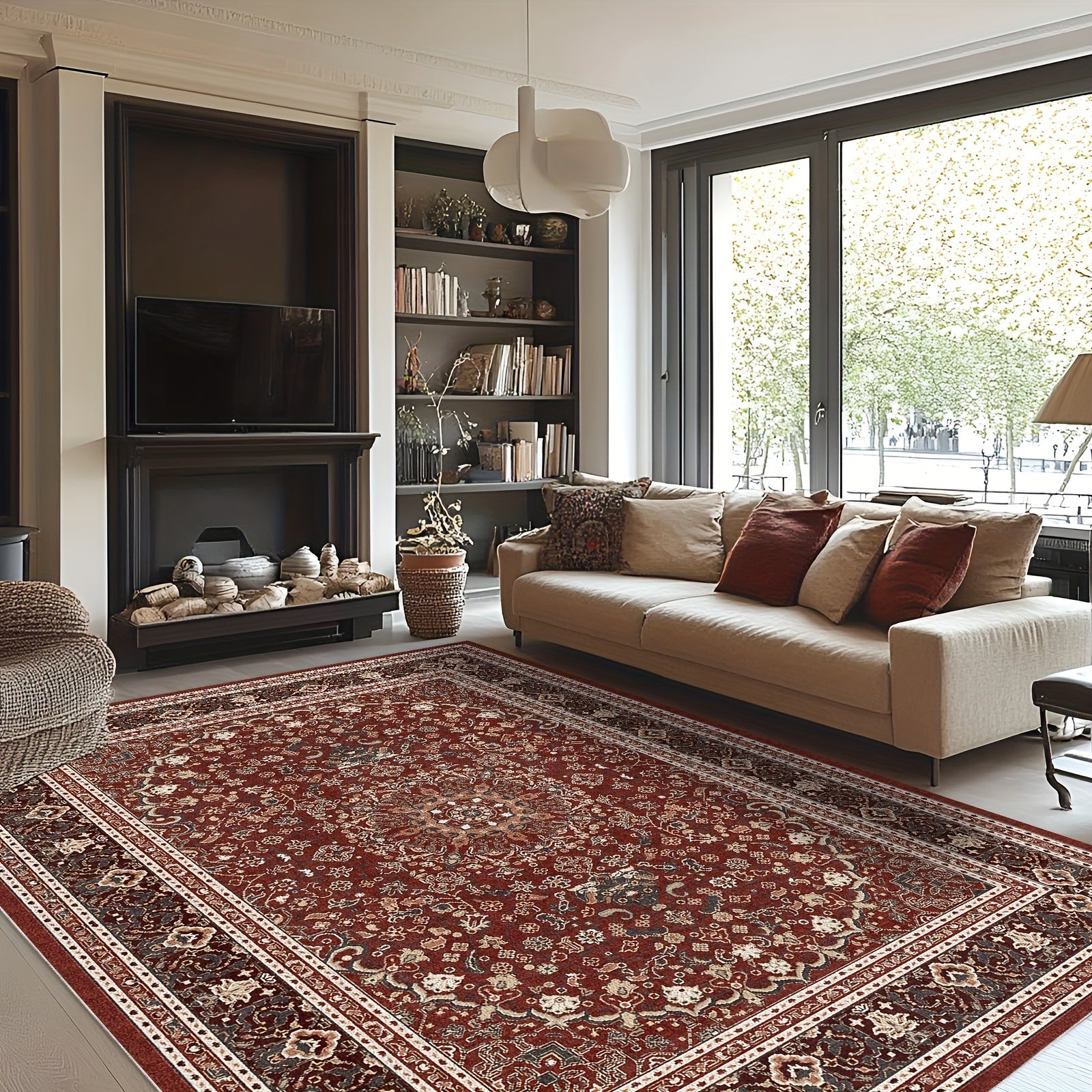 1pc Modern Moroccan Boho Rug - Neutral Blue & Brown Low-Pile Carpet Suitable for Living Room, Bedroom, Office - Machine Washable Soft Indoor Boho with Neutral Tones