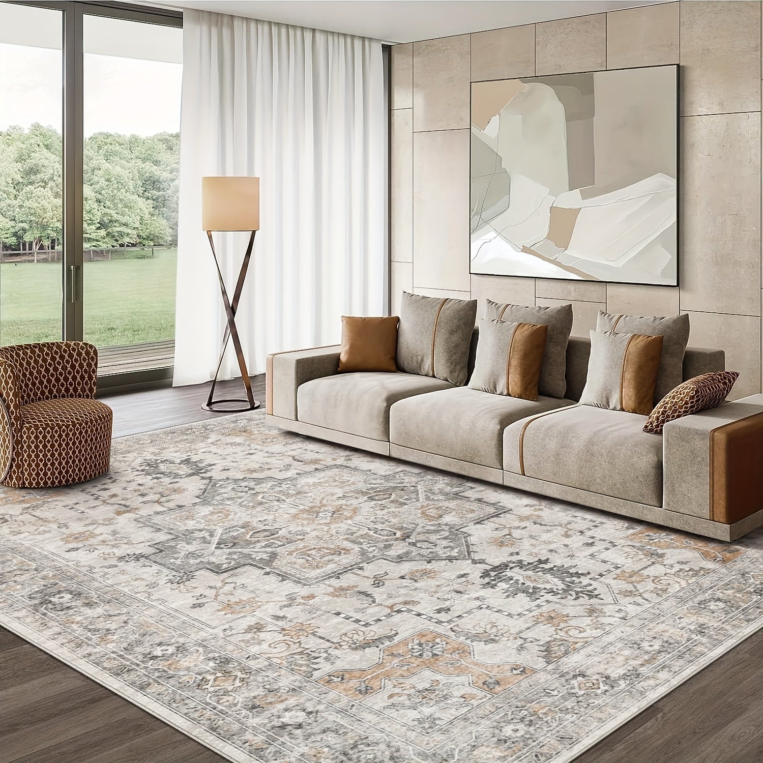 Living Room Area Carpets, Vintage Retro Designs That Are Machine Washable And Non-Slip, Lightweight Chenille Print Rugs Suitable for Bedrooms, Dining Areas, And Home Offices, in a Light Taupe Brown Color