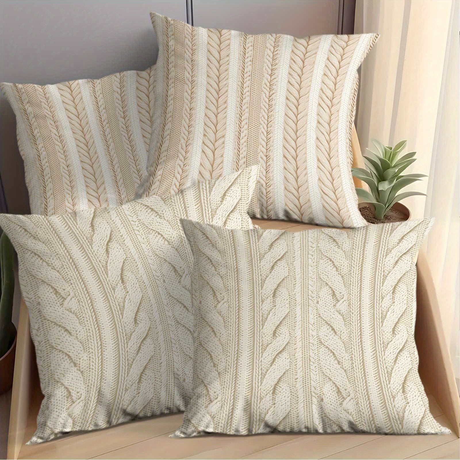 4pcs Beige Vertical Striped Printed Flannel Cushions - Soft, Washable, Zipper Closure, 14x14, 16x16, 18x18, 20x20 Inch - Perfect for Living Room, Bedroom, Office, Car