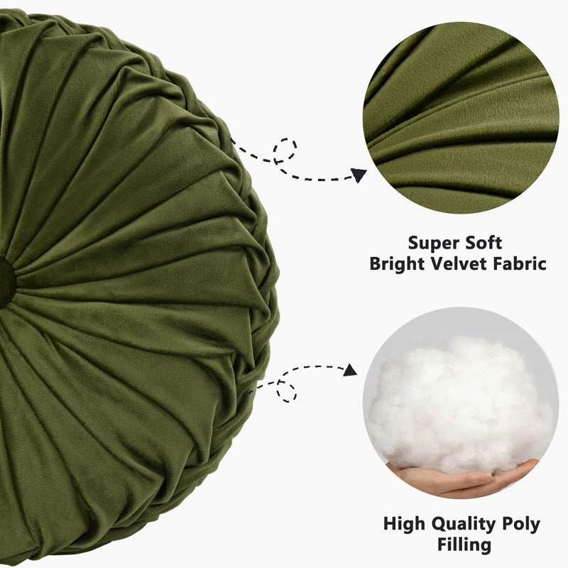 2pcs Decorative Round Pleated Pillow Elegant Accent Pumpkin Pillow with Center Button Vintage Velvet Floor Pillow for Sofa Vanity Chair Bed Olive Diameter 14. 5 Inches Approximately 36. 8Cm (Ripples), Living Room Decor, Home Decoration