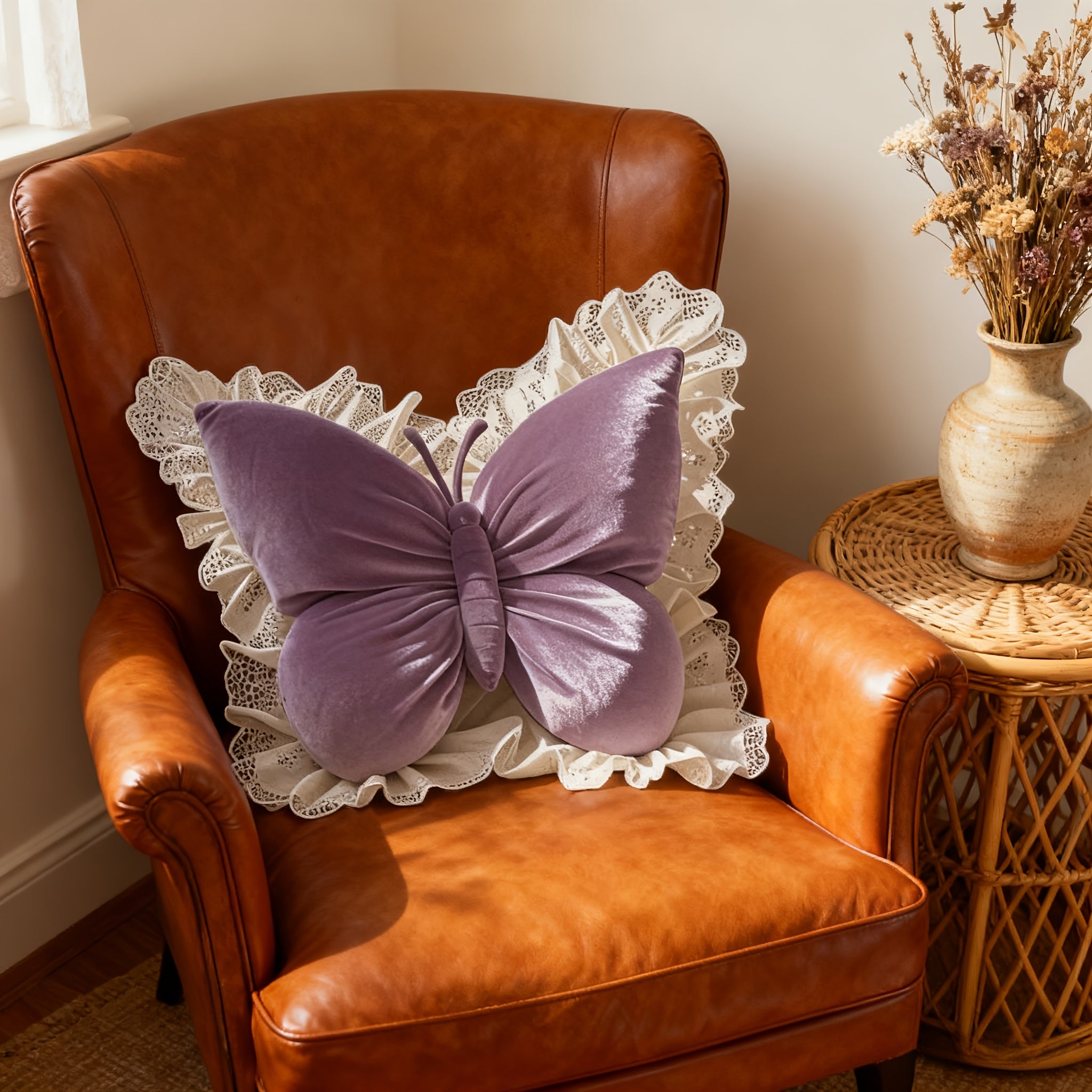 Butterfly-Shaped Decorative Pillow Home Decor Cushion With White Lace Trim Luxurious Velour Fabric& Fill Lumbar Support Cushion For Sofas, Beds, Cars, Offices-Perfect Gift For Women, Housewarming, Christmas, Valentine'S Day Machine Washable