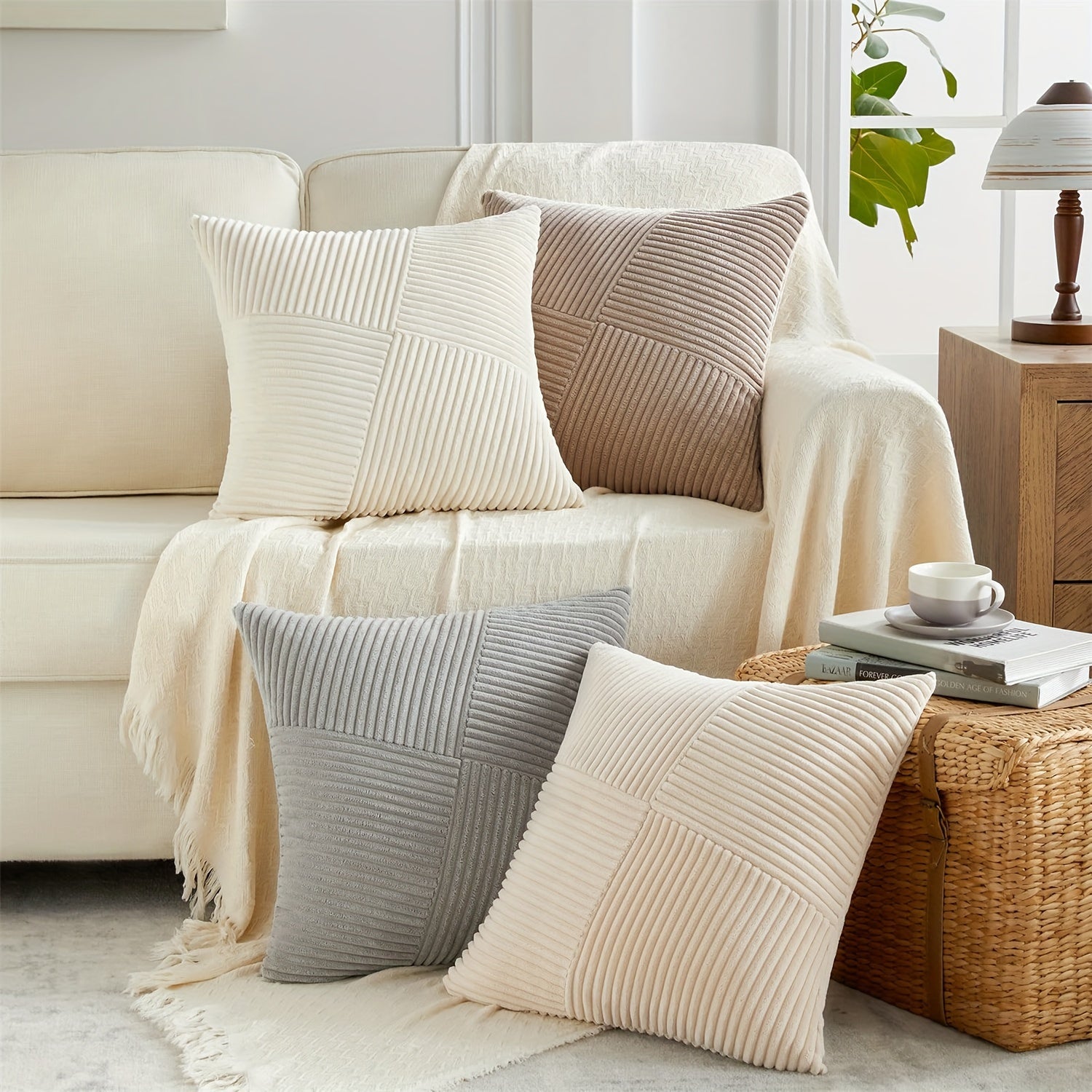 4pcs Neutral Taupe Boho Decorative Throw Pillow Covers 18x18 Inch for Couch Sofa Bed, Soft Corduroy Striped Patchwork Windmill Textured Square Cushion Covers Spring Seasonal Home Decor