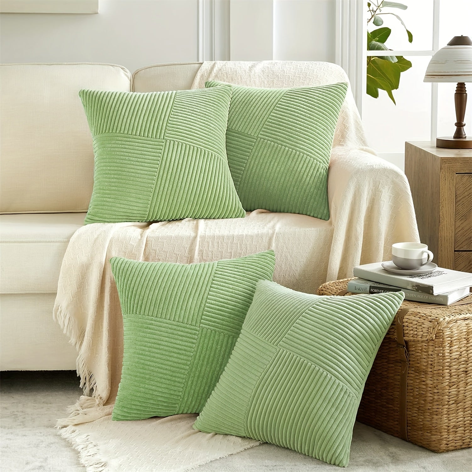 4pcs Neutral Taupe Boho Decorative Throw Pillow Covers 18x18 Inch for Couch Sofa Bed, Soft Corduroy Striped Patchwork Windmill Textured Square Cushion Covers Spring Seasonal Home Decor