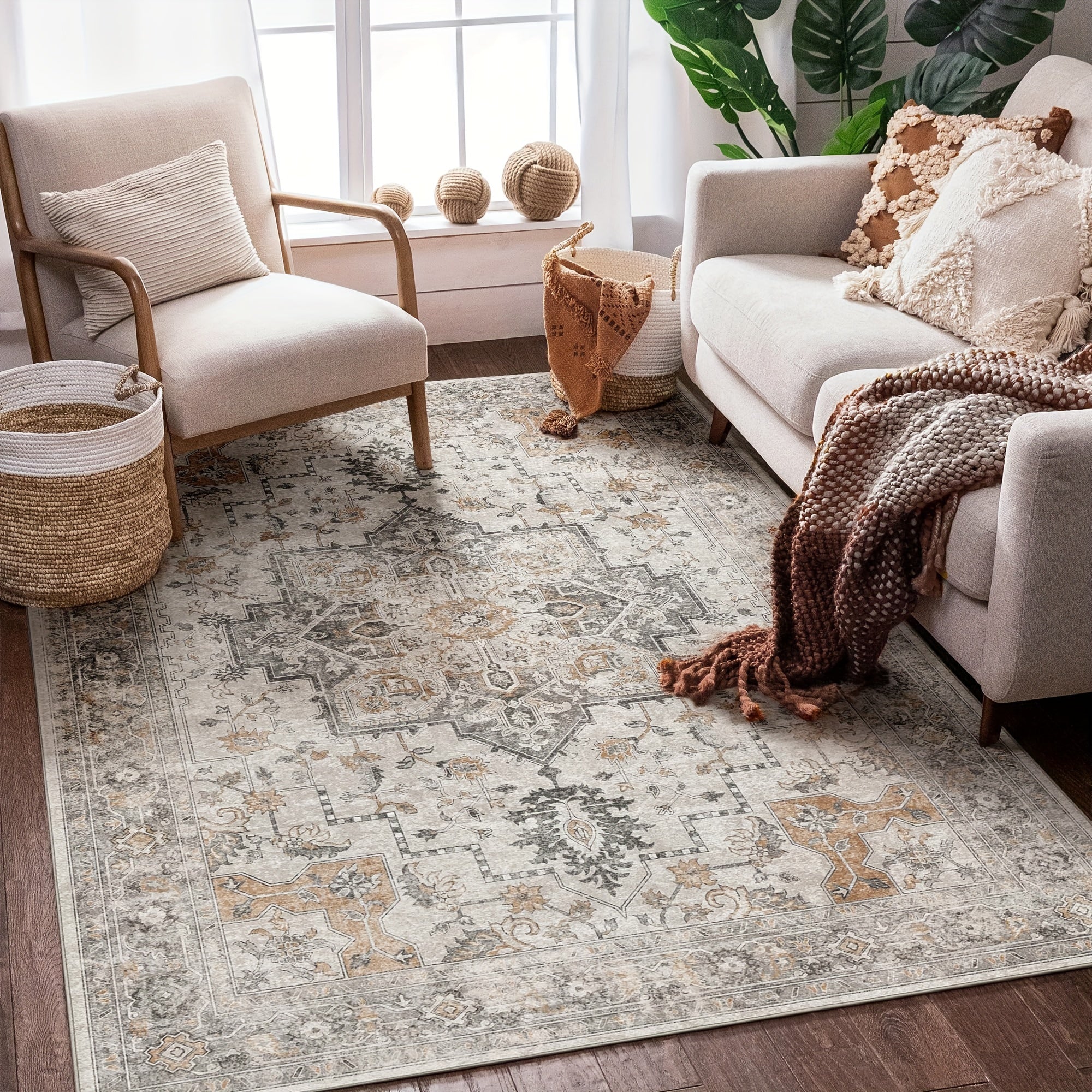 Living Room Area Carpets, Vintage Retro Designs That Are Machine Washable And Non-Slip, Lightweight Chenille Print Rugs Suitable for Bedrooms, Dining Areas, And Home Offices, in a Light Taupe Brown Color