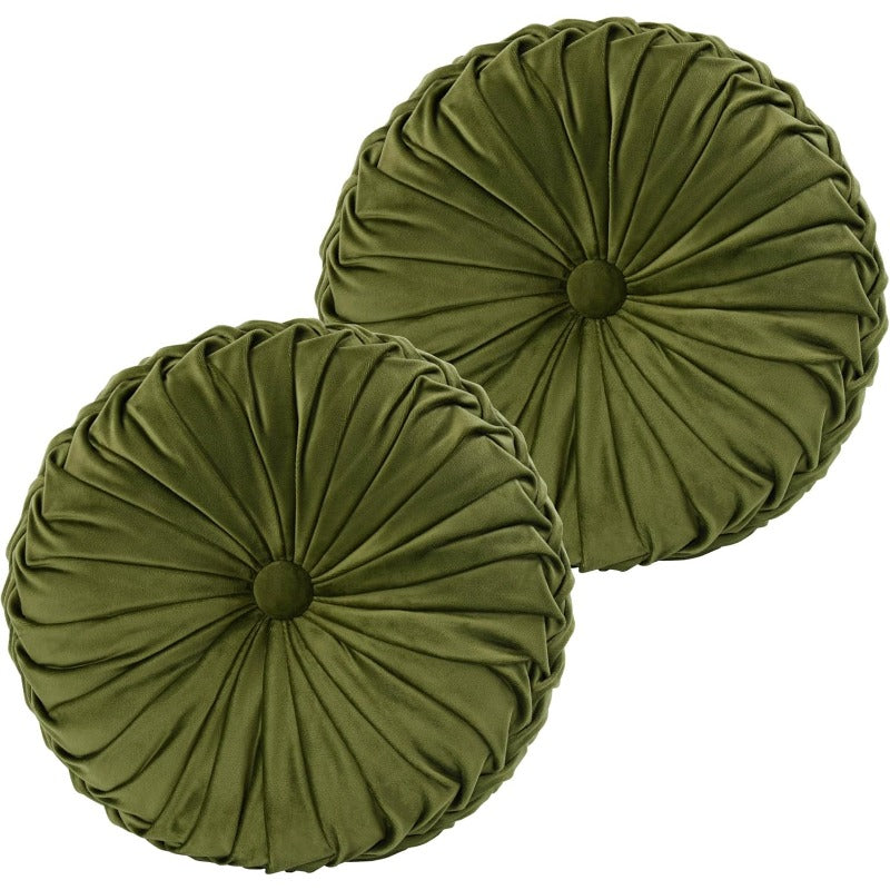 2pcs Decorative Round Pleated Pillow Elegant Accent Pumpkin Pillow with Center Button Vintage Velvet Floor Pillow for Sofa Vanity Chair Bed Olive Diameter 14. 5 Inches Approximately 36. 8Cm (Ripples), Living Room Decor, Home Decoration
