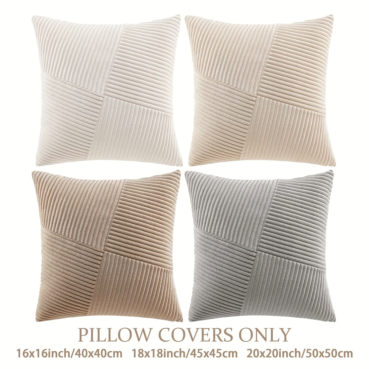 4pcs Neutral Taupe Boho Decorative Throw Pillow Covers 18x18 Inch for Couch Sofa Bed, Soft Corduroy Striped Patchwork Windmill Textured Square Cushion Covers Spring Seasonal Home Decor