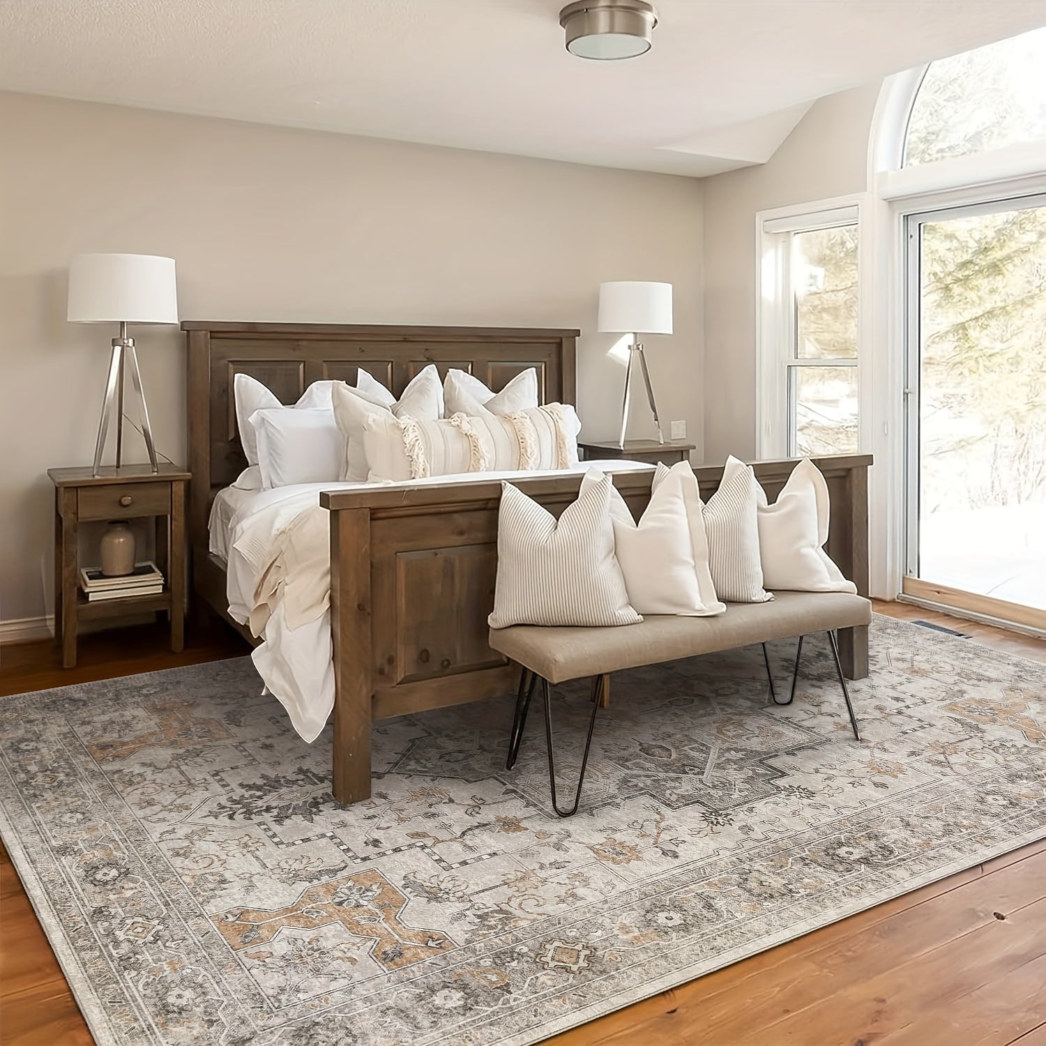 Living Room Area Carpets, Vintage Retro Designs That Are Machine Washable And Non-Slip, Lightweight Chenille Print Rugs Suitable for Bedrooms, Dining Areas, And Home Offices, in a Light Taupe Brown Color