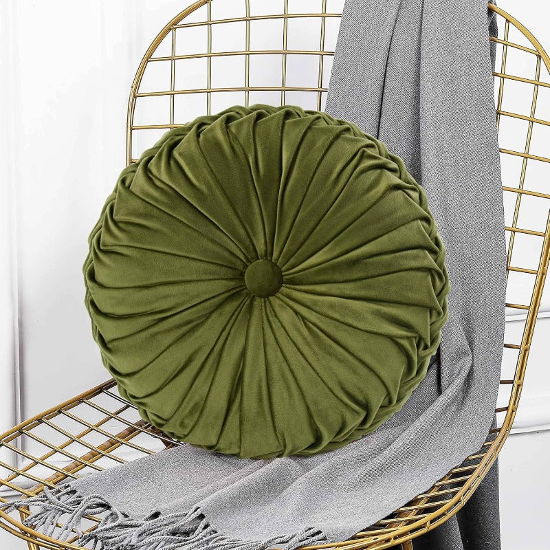 2pcs Decorative Round Pleated Pillow Elegant Accent Pumpkin Pillow with Center Button Vintage Velvet Floor Pillow for Sofa Vanity Chair Bed Olive Diameter 14. 5 Inches Approximately 36. 8Cm (Ripples), Living Room Decor, Home Decoration