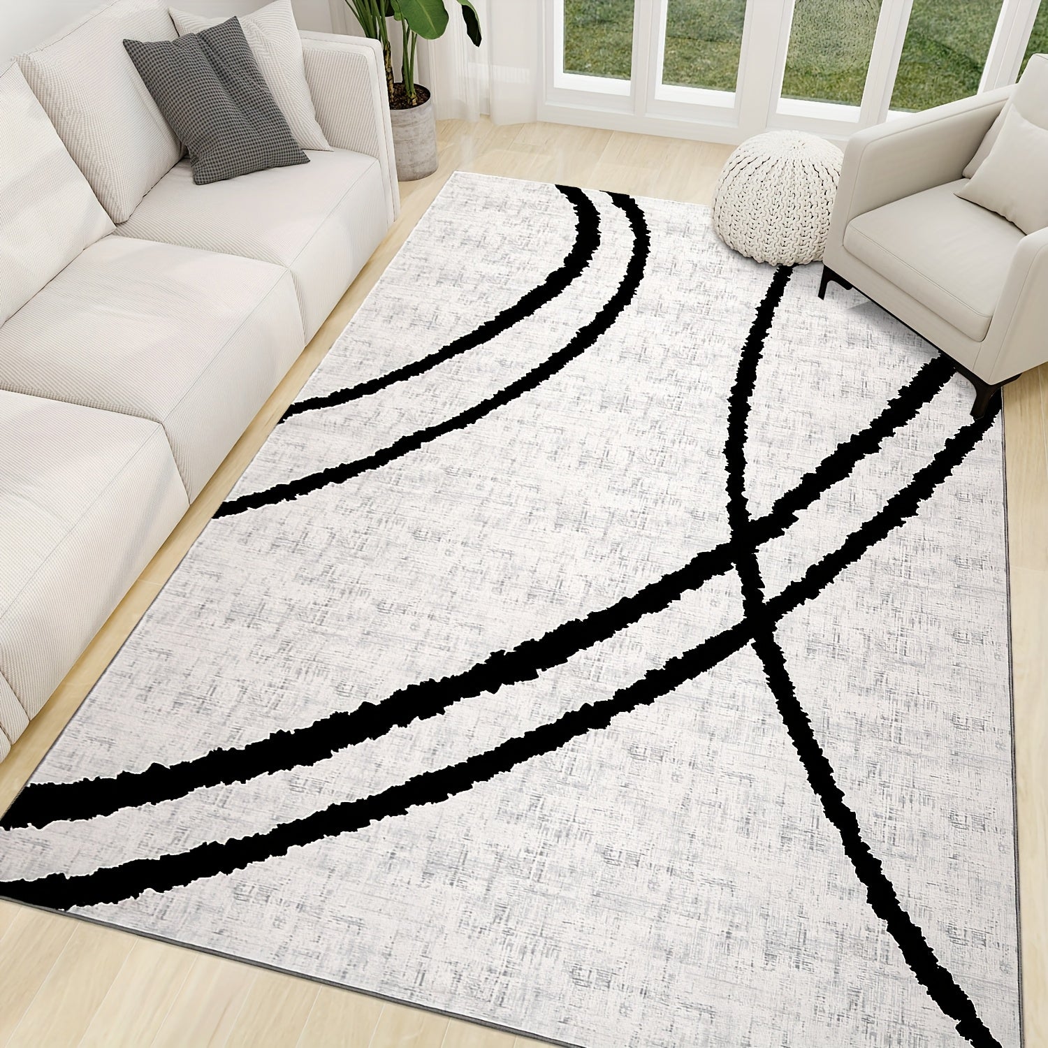 A Black And White Curved Area Rug with A Rectangular Line Pattern In A Minimalist Style, Machine Washable, Slip-resistant, And Colorfast, Suitable for Home Decoration And Bedroom Room Decoration.