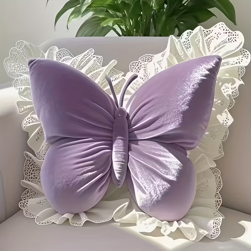 Butterfly-Shaped Decorative Pillow Home Decor Cushion With White Lace Trim Luxurious Velour Fabric& Fill Lumbar Support Cushion For Sofas, Beds, Cars, Offices-Perfect Gift For Women, Housewarming, Christmas, Valentine'S Day Machine Washable